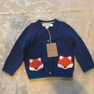 Baby Boden cardigan v neck NWT fox sweater 3-6 months navy